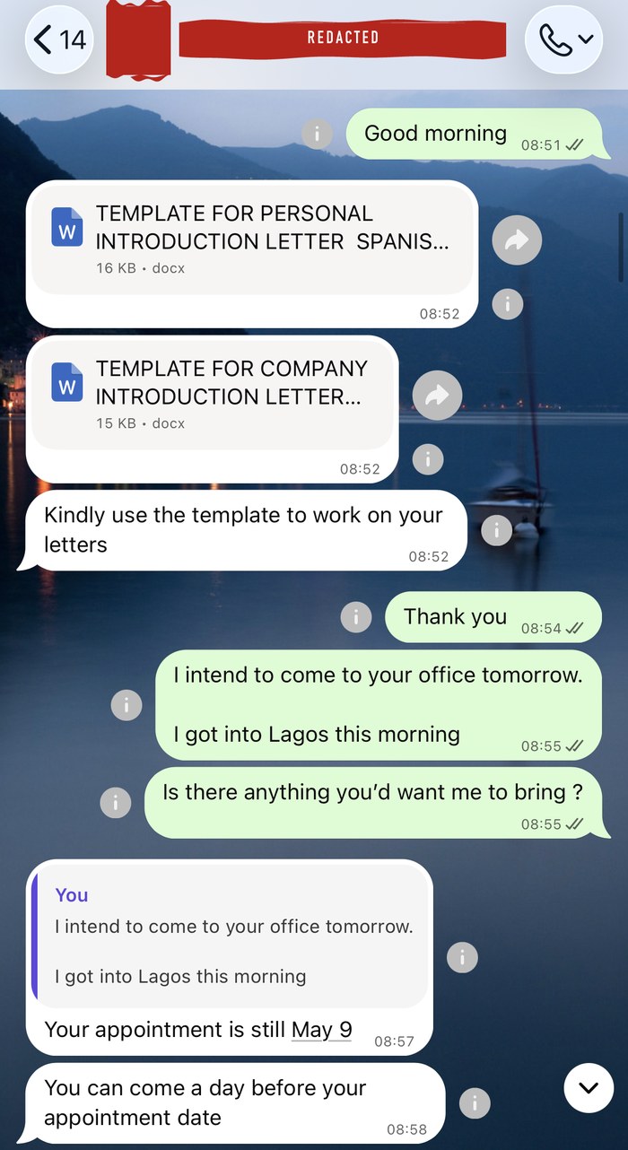 WhatsApp from the agent before my appointment: two Word templates, one for a personal introduction letter and one for a company introduction letter, then 'Kindly use the template to work on your letters'. Agent's name covered.